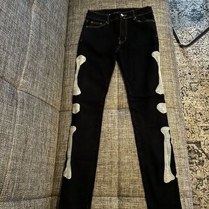 MNML Black Skinny Jeans with White Bone Appliqués Down Legs